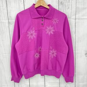 American VINTAGE LARGE 80s Pink Purple Floral Beaded Quilted Polo Sweater